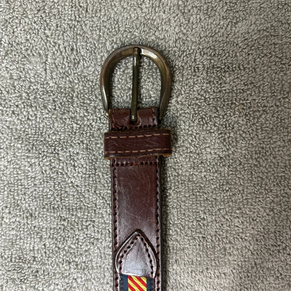 Industria Argentina Brown Leather Striped Canvas Belt Brass D-Ring Size 44 110